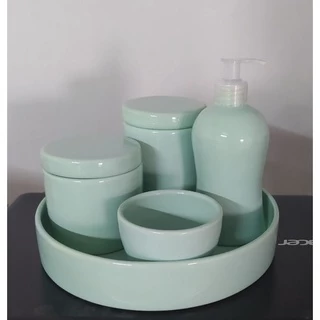 Kit Higiene Bebê Porcelana Verde 05 Peças Bandeja Redonda