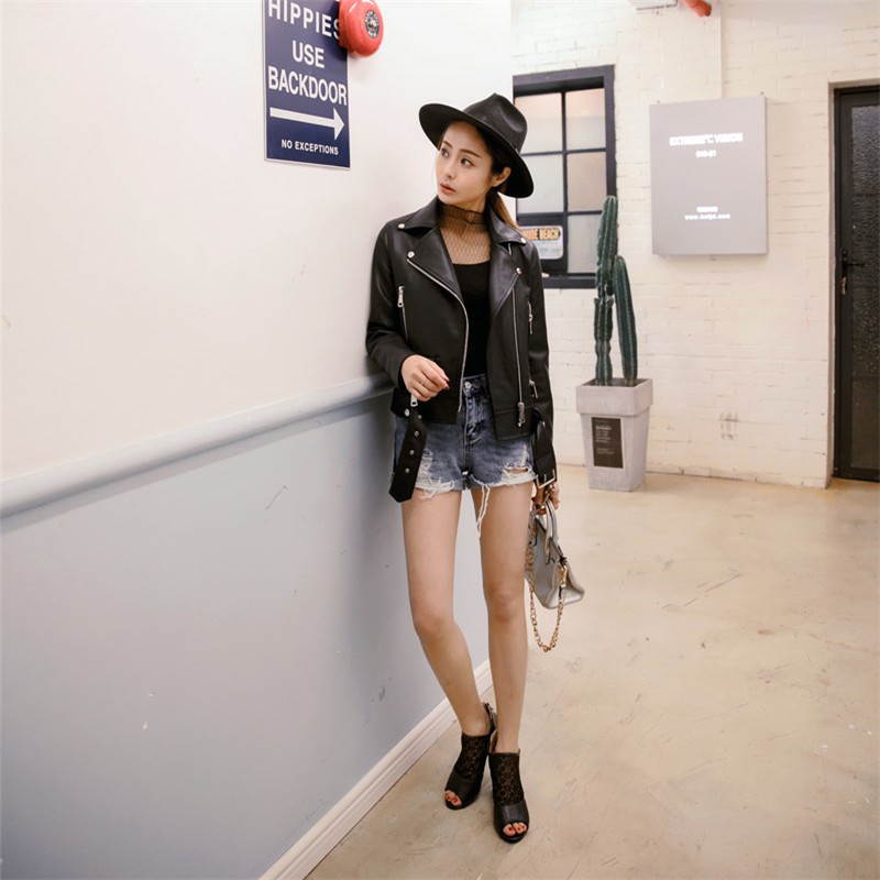New Autumn Women Pu Leather Jacket Woman Zipper Belt Short