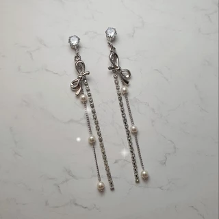 ♥ Jóias Coreanas aimelbie Brincos Ribon E Crystal Drops-Prata
