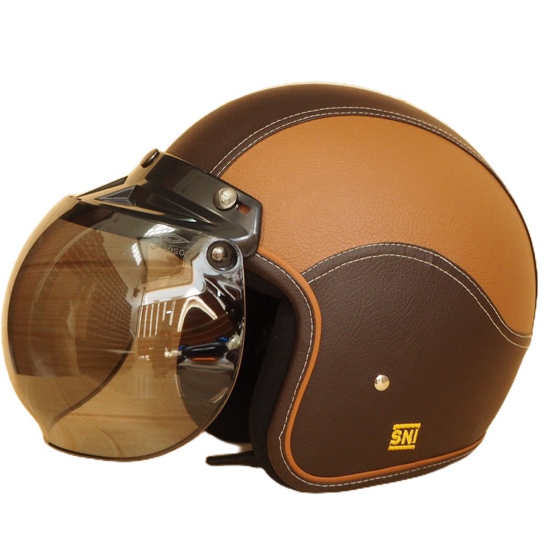 Capacete Bogo Clássico Material De Couro Sintético SNI Laranja MOTIF Homem E Mulher Adulto Bayza RETRO GLOSSY Vidro Plano Convexo Marrom Escuro