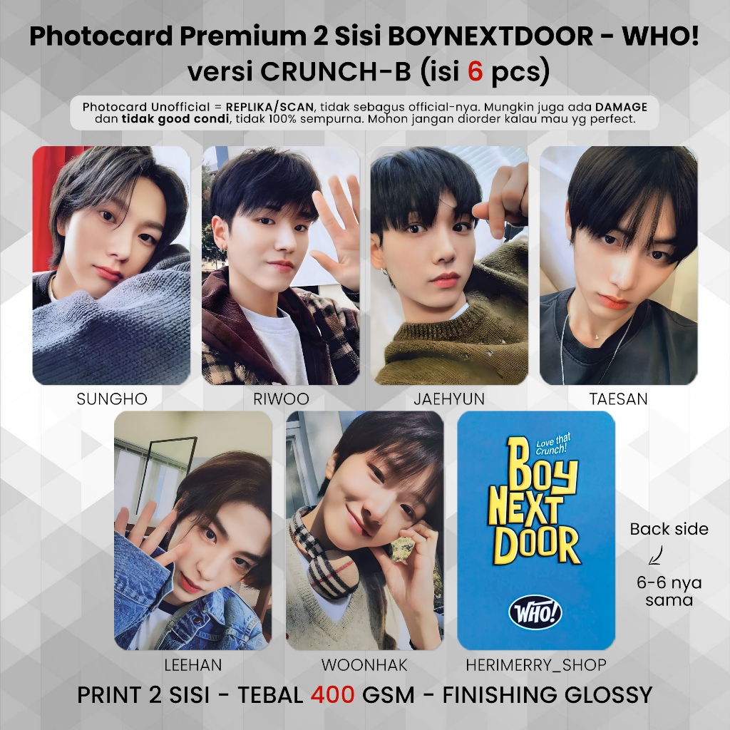 6 PCS) Photocard Boy Next Door Quem !-PC Premium 2 Lados Cartão