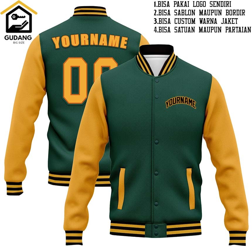 Jaqueta HIJAU Varsity BASEBALL Personalizada E POLOS Tamanho Grande S-6XL . Universitária Cor Verde Garrafa Amarela