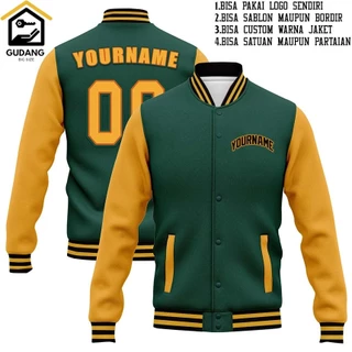 Jaqueta HIJAU Varsity BASEBALL Personalizada E POLOS Tamanho Grande S-6XL . Universitária Cor Verde Garrafa Amarela