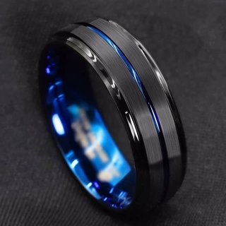 8MM Moda Homem E Mulher Simples Anel Duplo Biselado Polido Azul Ouro Titânio De Aço