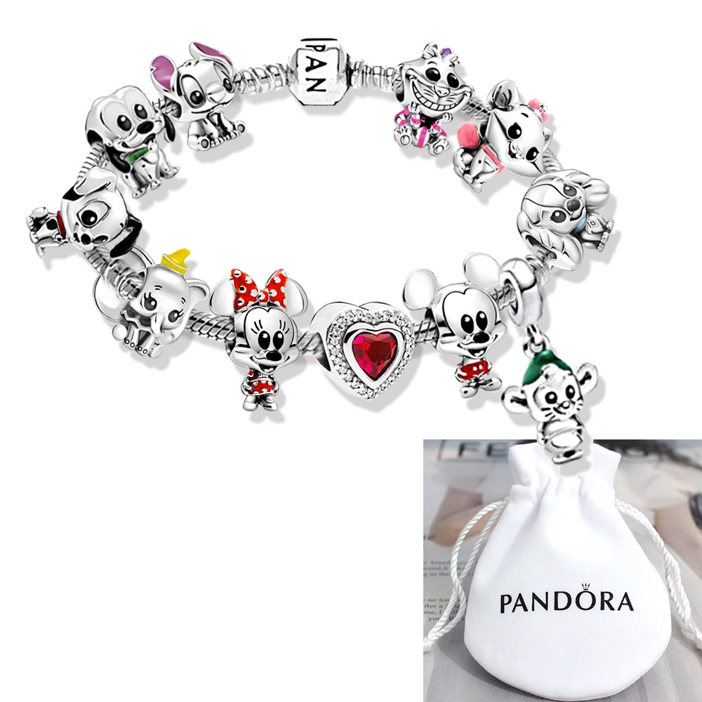Pulseira Pandora Disney Berloques Minnie Mickey Mouse De Prata 925 Pulseiras Charme Cão Cat Corrente 19cm