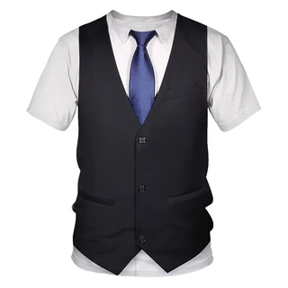 Camiseta De Verão Homem Fato Falso Colete Fashion Tuxedo Laço Gravata Pescoço Manga Curta Top