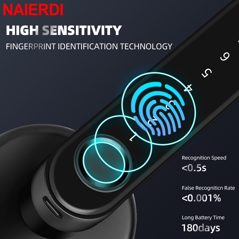 Imagem do produto NAIERDI Fechadura De Segurança Biométrica Preta Inteligente De Impressões Digitais Digital Eletrônica Entrada Sem Chave Ferragens Para Portas 4