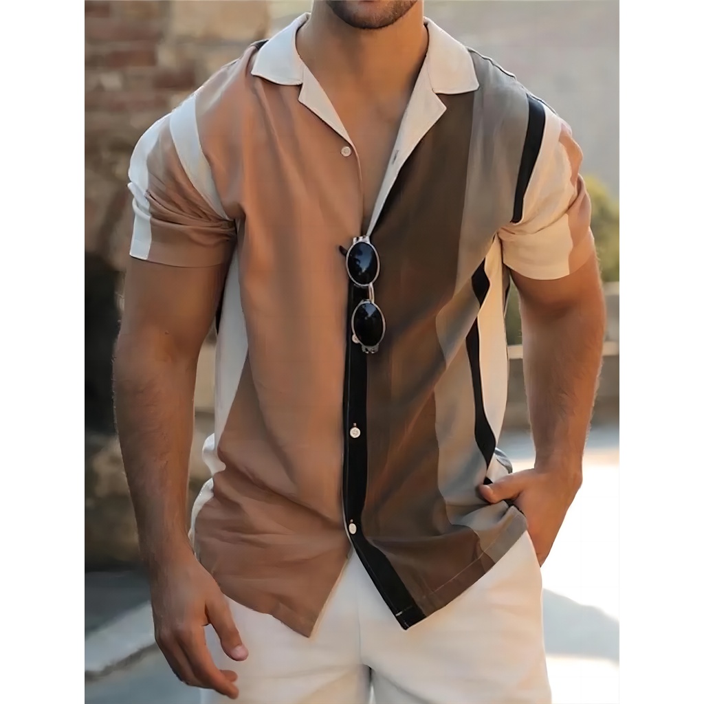 Camisa Havaiana De Verão Gráfica Riscada Colarinho Khaki Feriado Casual Manga Curta Botão-Down Impressão Vestuário Moda Tropical Streetwear Havaiano