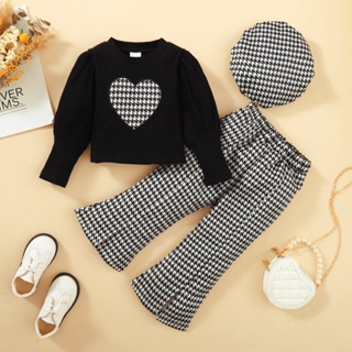 1-6 Anos Roupa De Menina De Manga Comprida Preta LOVE Camiseta Flare Pants with Hat 3PCS Para Conjunto De Festa Primavera Outono