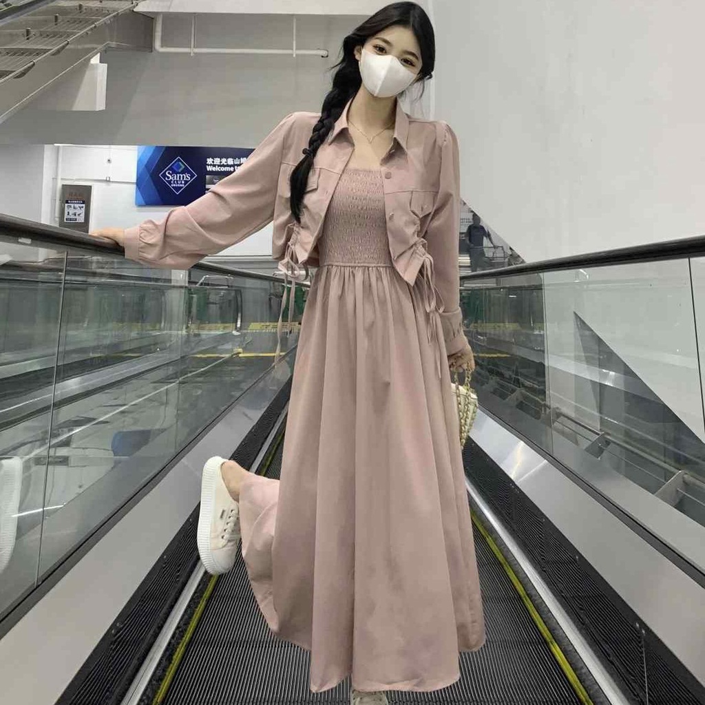 Set090✨2023 Autumn New Style Covering Flesh Flesh Slimmer Look Two-Piece  Casaco de manga comprida de manga comprida Vestido de funda de meio  comprimento