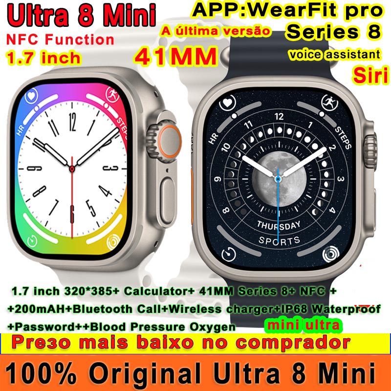 Relógio Ultra Mini Série 8 Smartwatch 41mm 1.7inch iwo Watch Fitness Relógios Esportivos Femininos Para H11 plus Hello