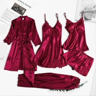 Sleepwear Feminino 5 PçS Pijamas Conjunto De Cetim Pyjamamas Rendas Casa Wear Nighty & Robe Terno