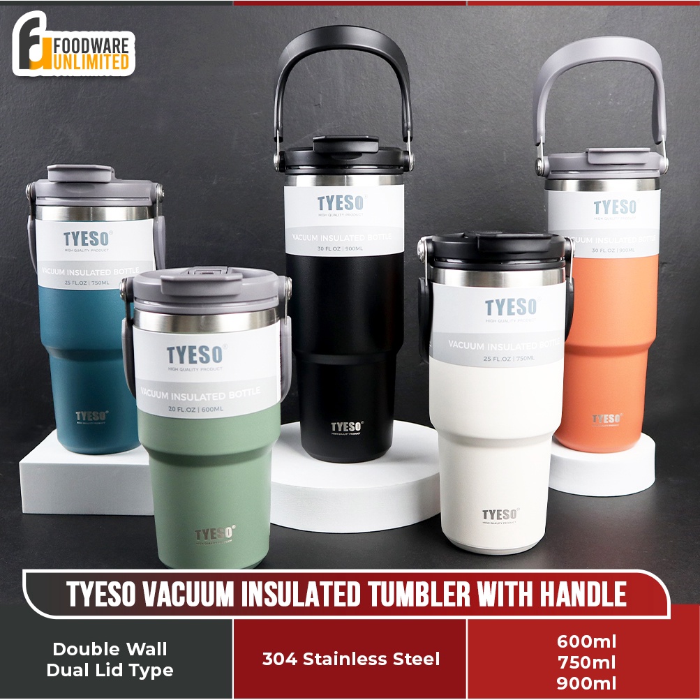 Tumbler Original TYESO De Parede Dupla Isolado A Vácuo Com Alça | Caneca De Chá De Café Em Aço Inoxidável Palha E Tampa Para Copos [600ML/750ML/900ML]