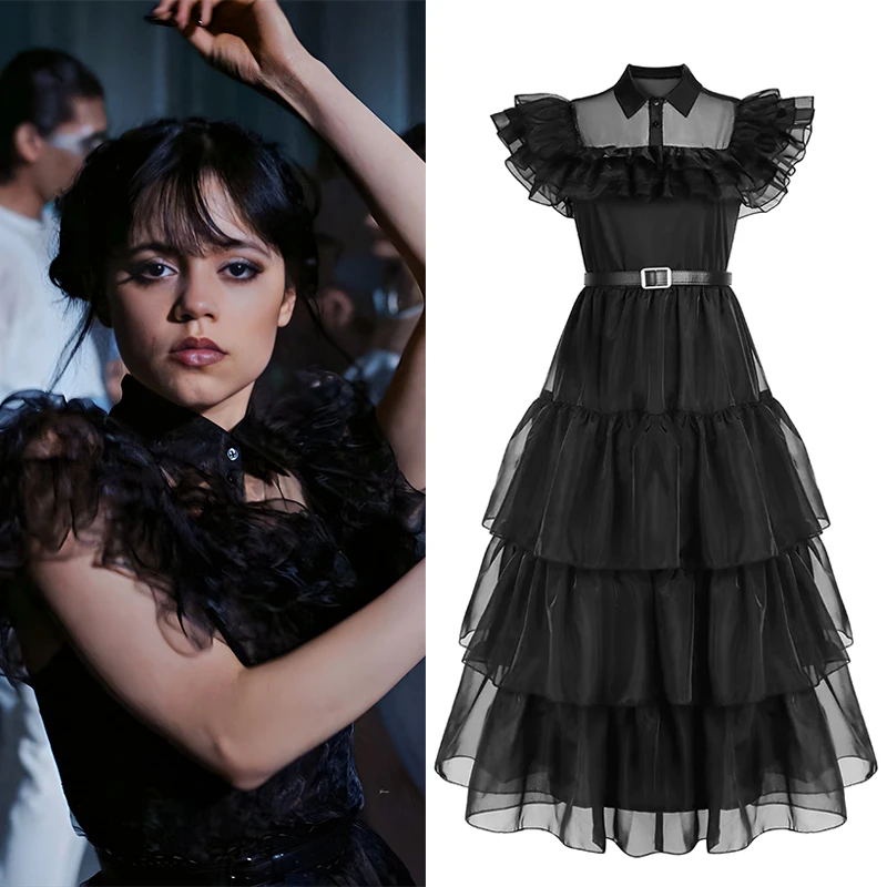 Fantasia Wandinha Familia Addams Vestido Preto Feminino Luxo