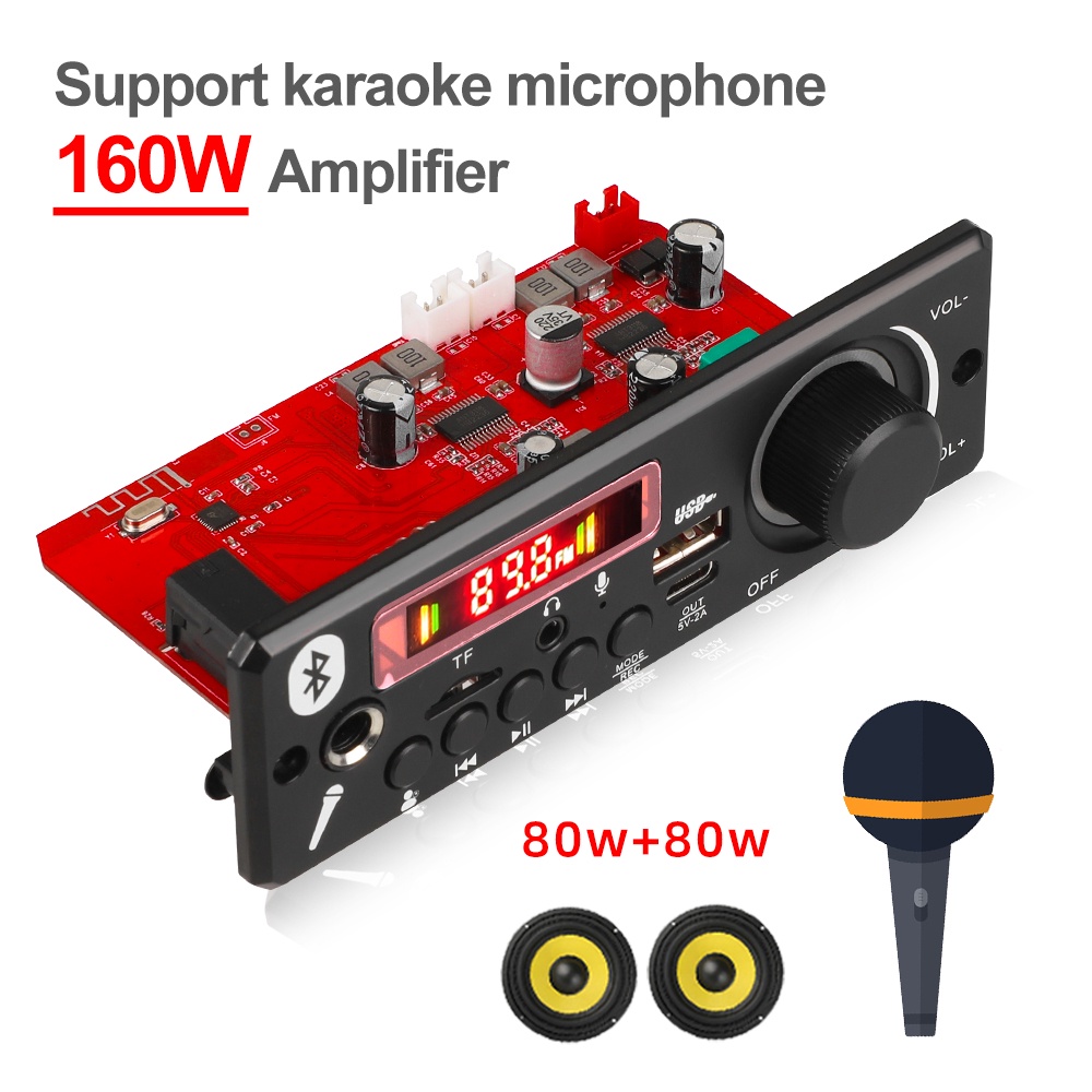 Amplificador De 2 * 80W 160W Placa Decodificadora MP3 Bluetooth 12V DIY MP3 Player Carro Módulo De Rádio FM TF USB Microfone Gravação Mãos-Livres Chamada