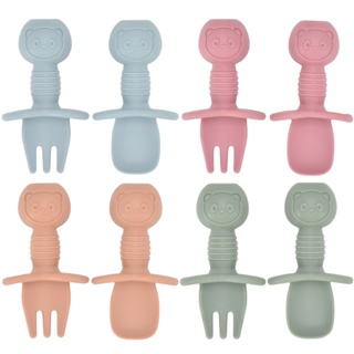 Conjunto De 2pcs/Set De Utensílios De Alimentação De Silicone De Grau Alimentício Mini Colher De Garfo Para Bebês Aprenda A Comer Crianças Mesa