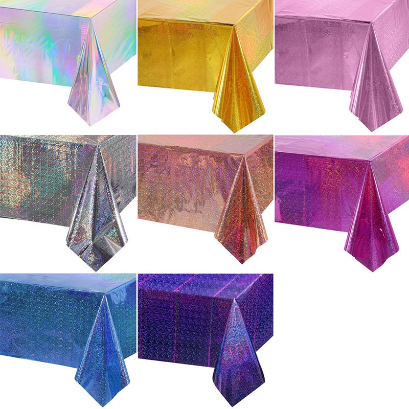 Toalha De Mesa Plástica Laser Plástico Brilhante Rectângulo Descartável Cobertura Holográfica De Folha Iridescente Decoração De Festa De Aniversário Casamento Nupcial