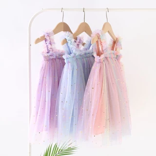Vestido De Bebê Verão Sling Star Mesh Sleeveless Baby Girl Festa De Aniversário Batismo Kid Princess Rainbow Pink Dress