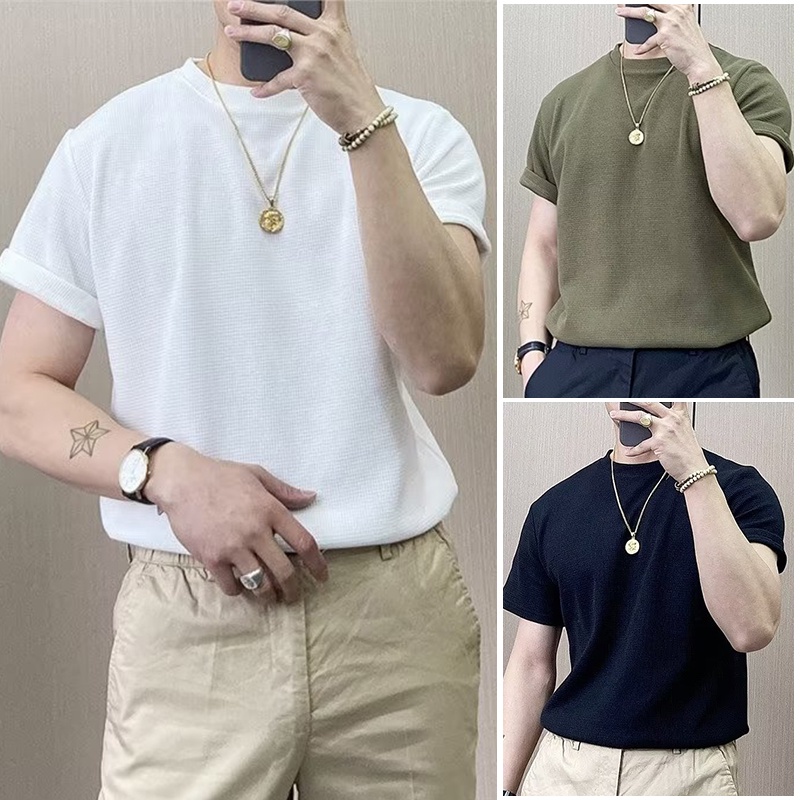 Camiseta Waffle Estilo Coreano De Manga Curta Para Homens Branca Básica Coreana De Verão