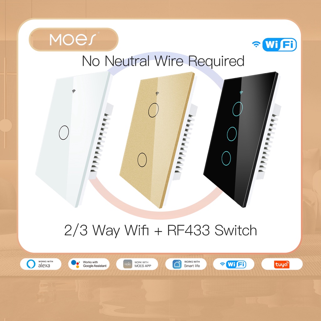 MOES Novo Interruptor De Luz Wi-Fi Inteligente RF433 Sem Fio Neutro Único Fogo Tuya Vida App Controle Funciona Com Alexa Inicial Do Google 110 V 220