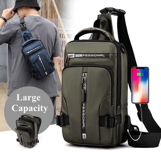 Mochila Multifuncional De Nylon Para O Peito Homem À Prova D'água Saco De Viagem De Corpo Cruzado Anti-Roubo Usb