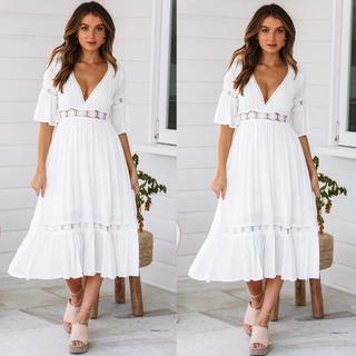 Vestido De Verão Branco Longo Mulher Boho Hollow Out Patchwork Manga Curta Com Pescoço Em V Moda Casual Elegante