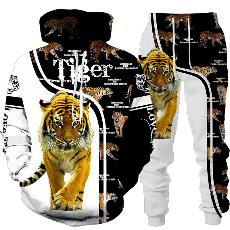 Conjunto de moletom com capuz com estampa de tigre, conjunto