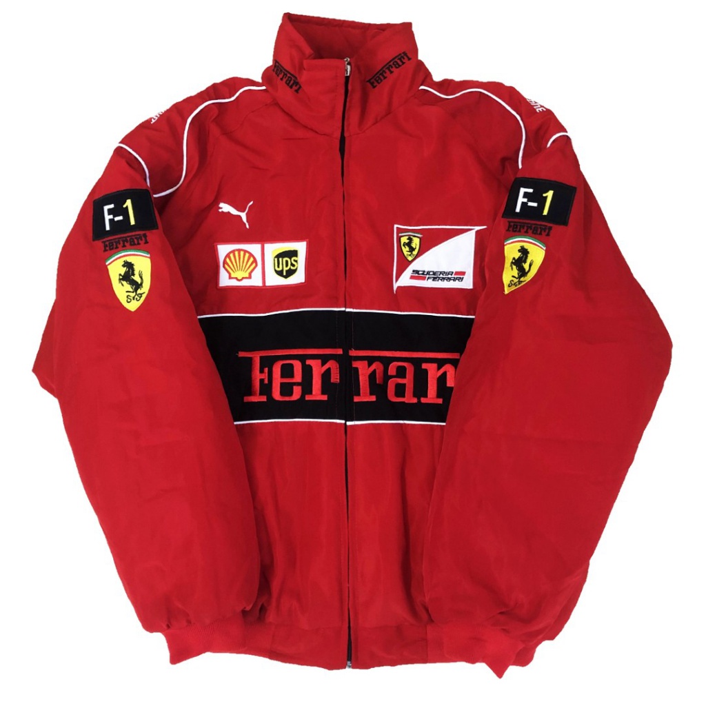 F1 jaqueta de corrida manga comprida retrô moto Ferrari equipe outono e inverno algodão bordado roupas vermelhas