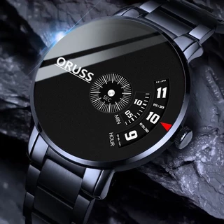 ORUSS Original Aço Inoxidável / Couro de Luxo à prova d'água Moda Moda Preta Relógio Suíço de Quartzo Versão Coreana Luminosa para Homens
