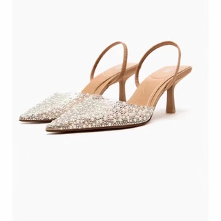 Zara2023 Sapatos de Verão Novo Estilo Sapatos Femininos Pérola Artificial Marrom Pérola Aberta Salto Alto Salto Stiletto Sapatos de Calcanhar Pontiagudo Sandálias Femininas