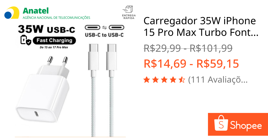 Carregador 35W iPhone 15 Pro Max Turbo Fonte USB-C + Cabo Tipo-C Tipo C de 1M Ou so cabo de 1m