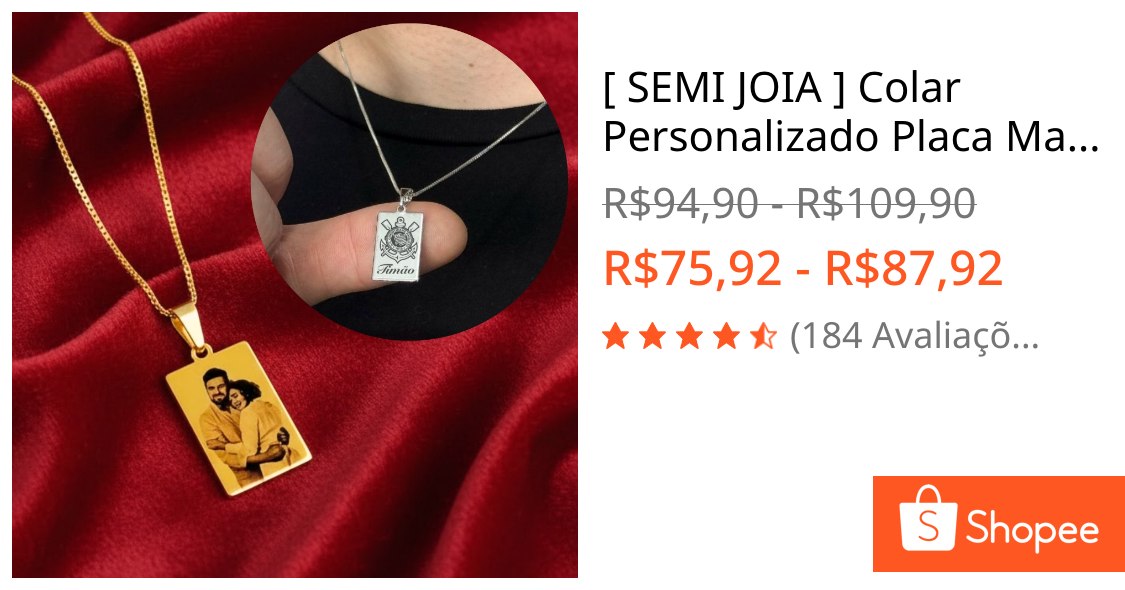 [ SEMI JOIA ] Colar Personalizado Placa Masculino Foto Gravação 60cm Masculina Banho Ouro 18k  Presente Dia Namorados