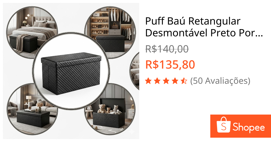 Puff Baú Retangular Desmontável Preto Porta Objetos Decorativo Premium | Shopee Brasil