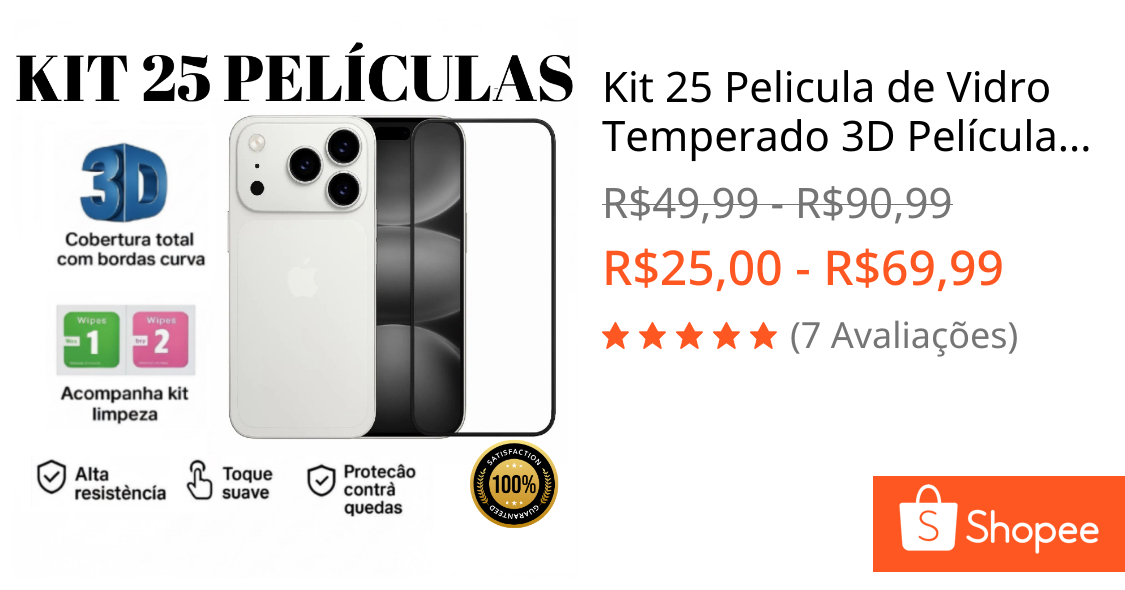 Kit 25 Pelicula de Vidro Temperado 3D Películas Iphone XR 11 12 13 14 15 16 e 17 Air Pro Plus Max
