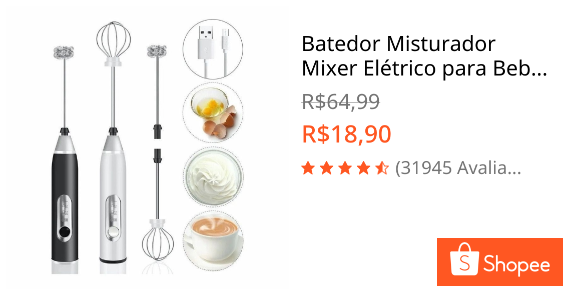 Batedor Misturador Mixer Elétrico para Bebidas Leite Café Clara de Ovo 2 em 1