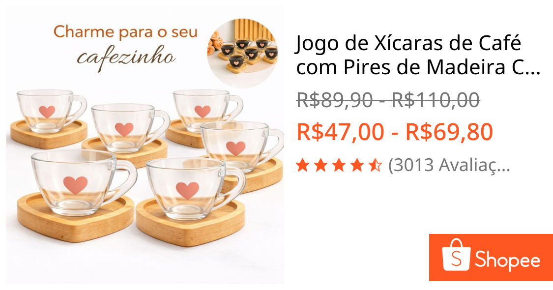 Jogo de Xícaras de Café com Pires de Madeira Coração Cantinho do Café Kit Presente Feminino