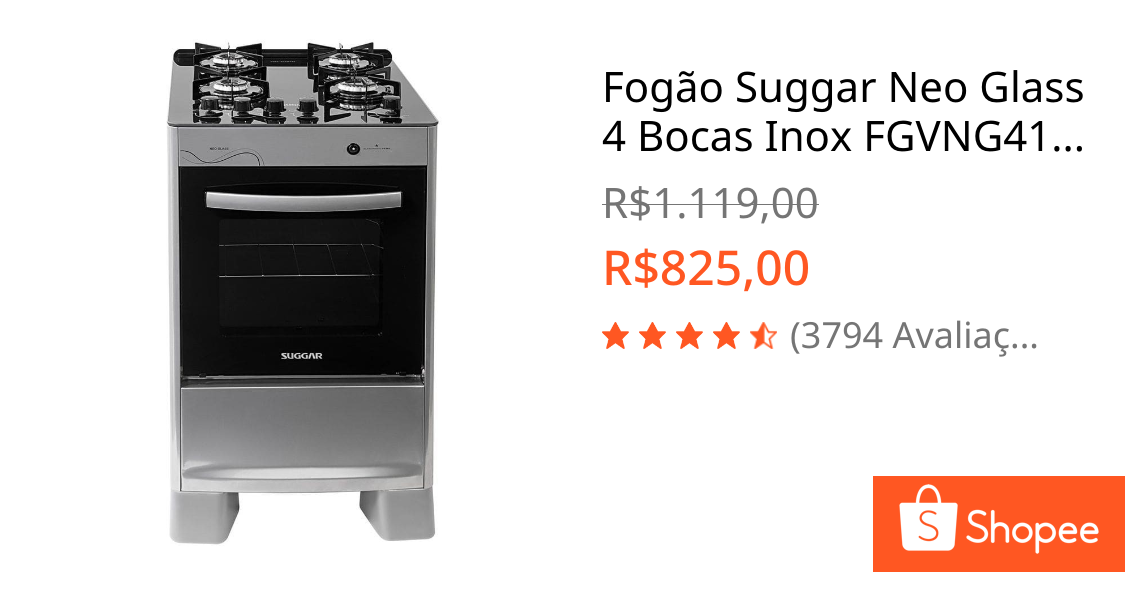 Foto de Fogão Suggar Neo Glass 4 Bocas Inox FGVNG410 Bivolt