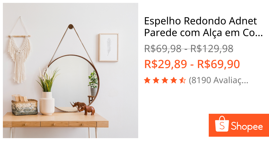 Espelho Redondo Adnet Parede com Alça em Couro Decorativo para Banheiro Lavabo 60cm com Pino Suporte