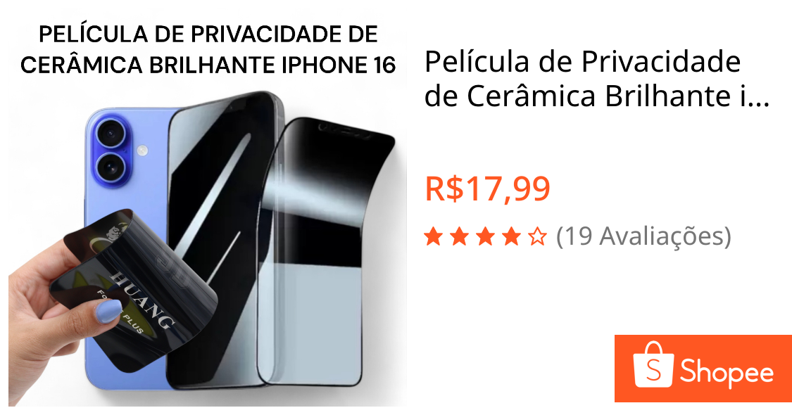 Película de Privacidade de Cerâmica Brilhante iPhone 15/ 15 Pro/ 16/ 16 Pro/ 16 Pro Max/ 16 Plus
