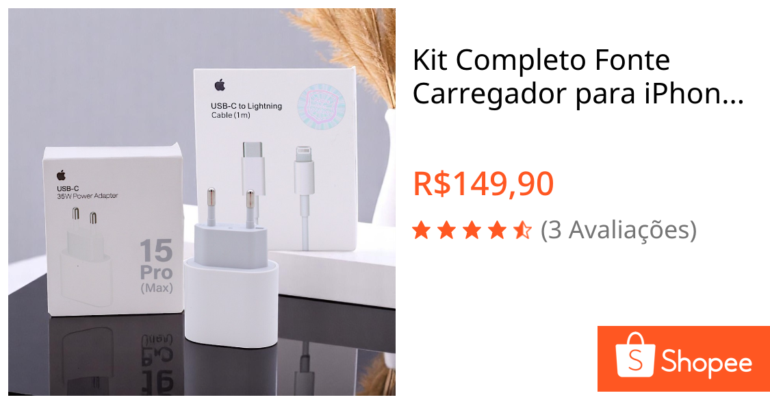 Kit Completo Fonte Carregador para iPhone 15 Pro Max USB-C Turbo 35w + Cabo USB-C para Lightning 1m