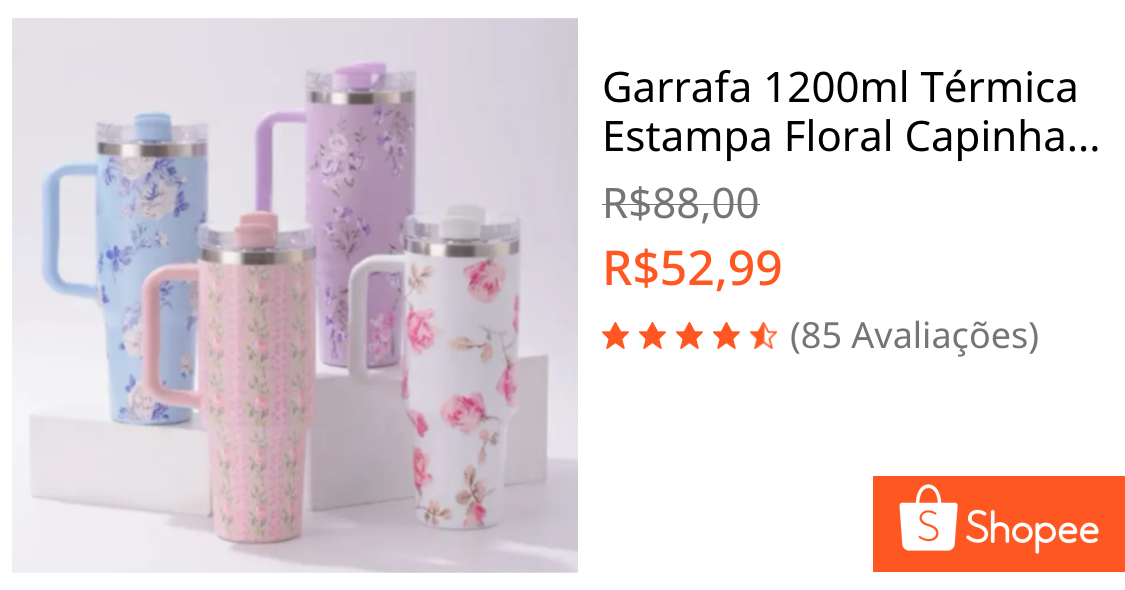 Garrafa 1200ml Térmica Estampa Floral Capinha Silicone Na Base + Tampa Para Canudo
