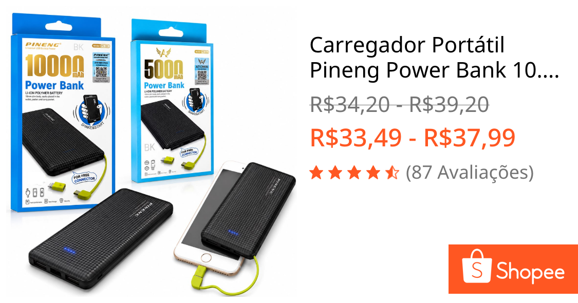 Carregador Portátil Pineng Power Bank 10.000mah 5000mah com adaptador iPhone Lightning USB Android