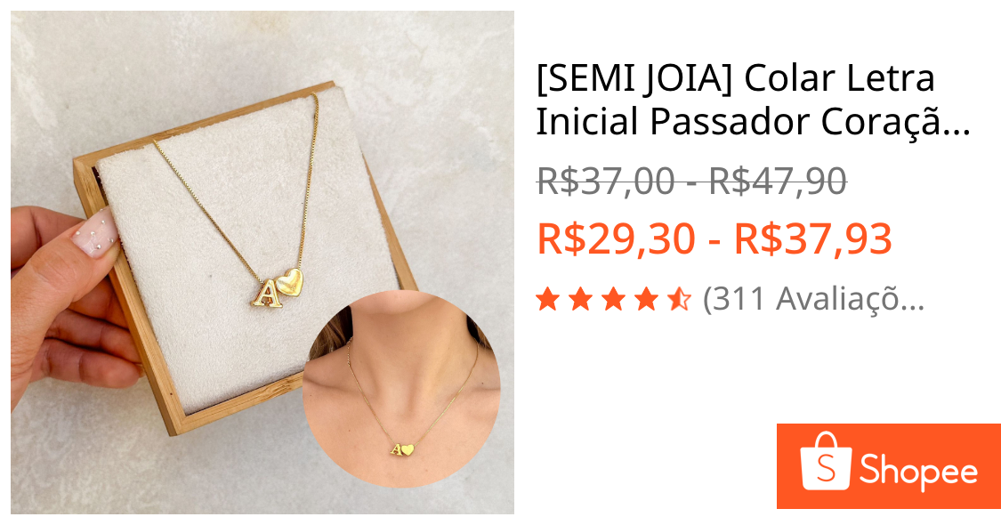 [SEMI JOIA] Colar Letra Inicial Passador Coração Liso (45cm) Banho Ouro 18k Acessórios Femininos