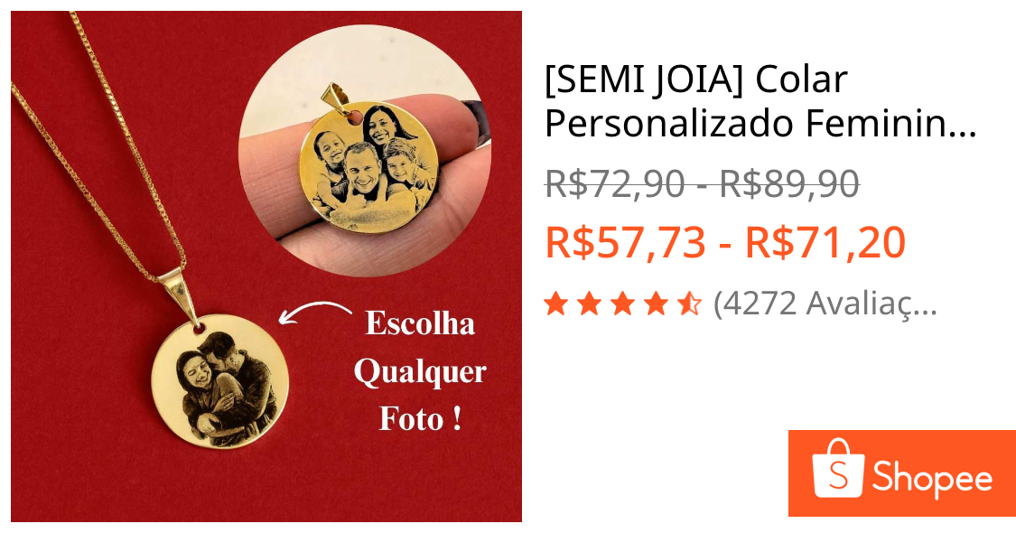 [SEMI JOIA] Colar Personalizado Feminino 17mm Foto Gravação 45cm Banho Ouro 18k Acessórios Presente Dia Namorado Mulher