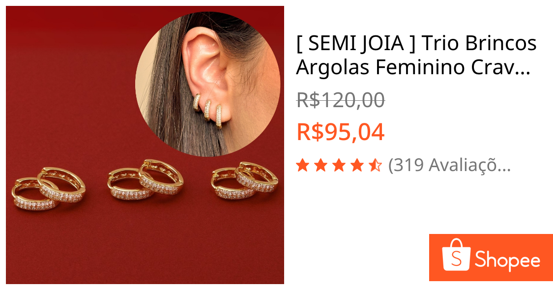 [ SEMI JOIA ] Trio Brincos Argolas Feminino Cravejado 2 Fileiras Banho Ouro 18k Acessórios Femininos