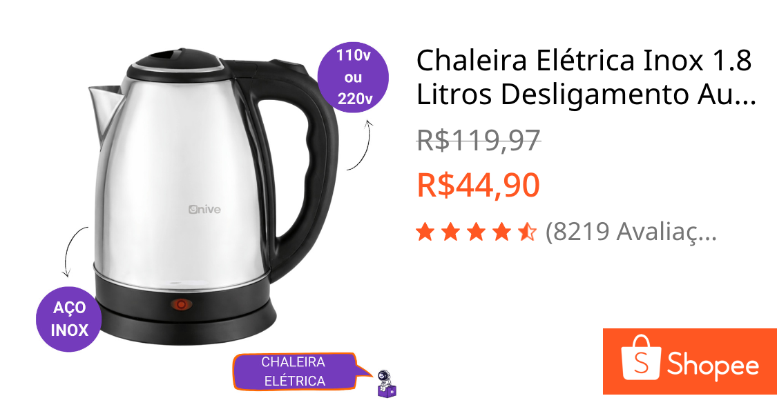 Chaleira Elétrica Inox 1.8 Litros Desligamento Automático Aquecimento Rápido