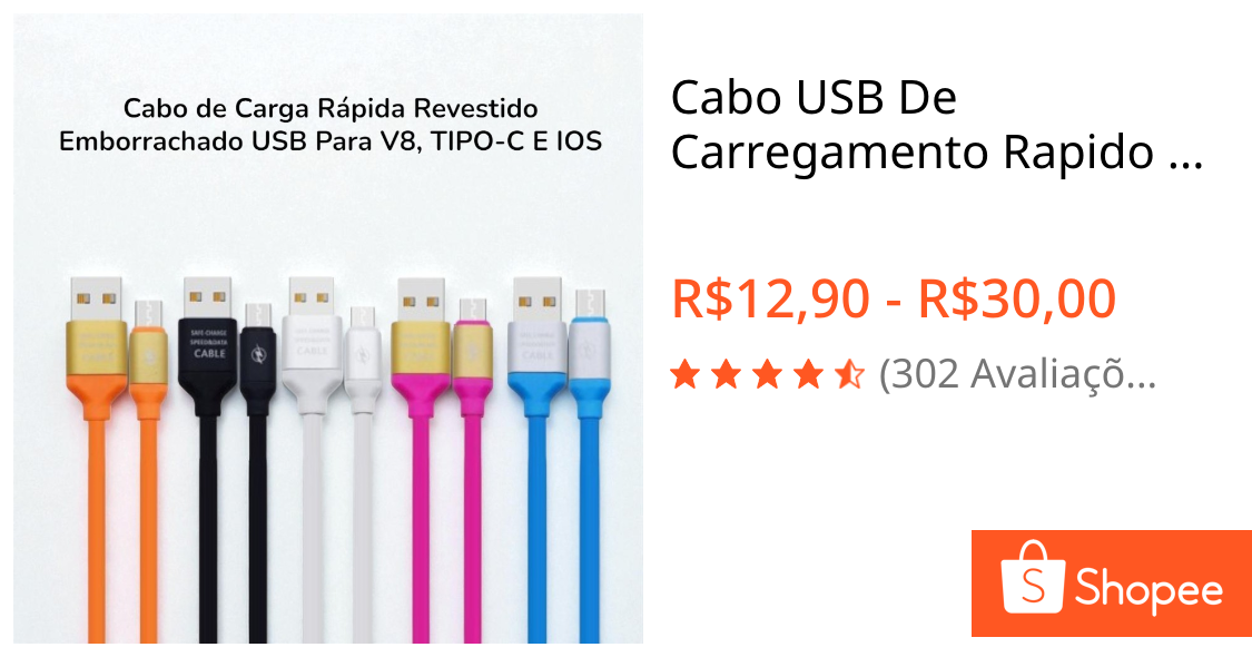 Cabo USB De Carregamento Rapido Revestimento Emborrachado Entradas V8, TIPO-C E I.PHONE IOS
