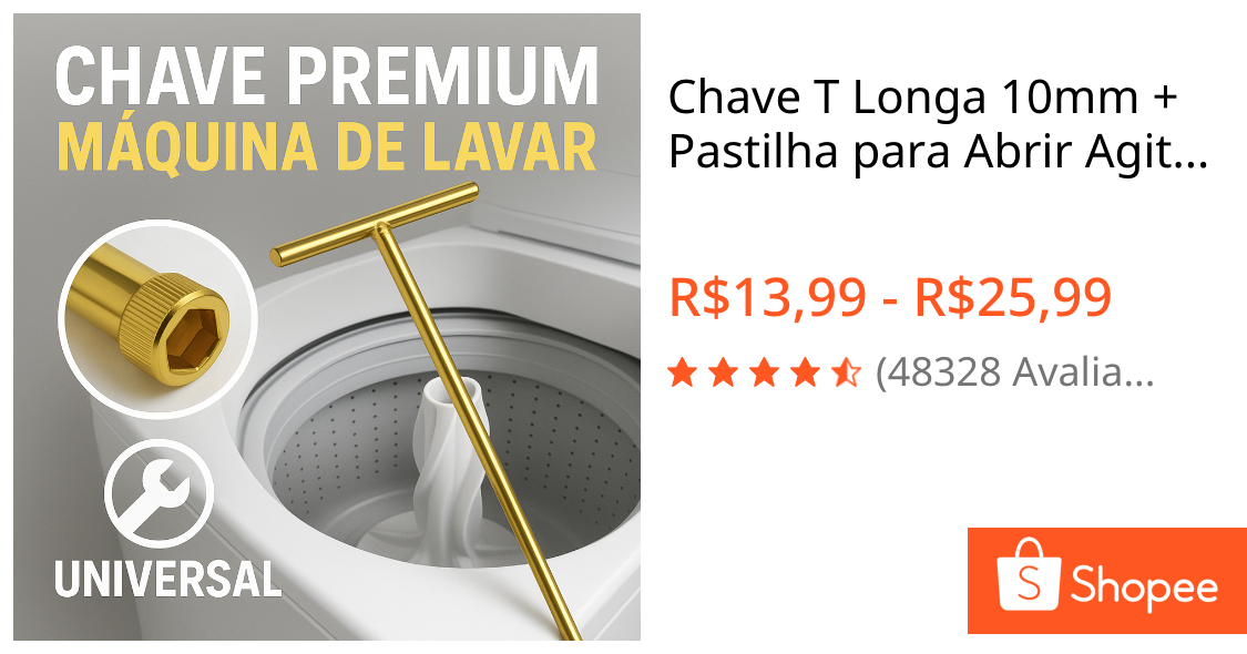 Chave T Longa 10mm + Pastilha para Abrir Agitador de Máquina de Lavar – Uso Universal
