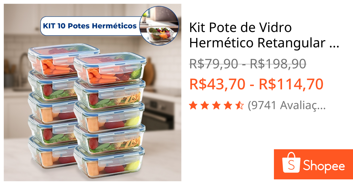 Kit Pote de Vidro Hermético Retangular 10 / 5 Unid Travas Marmita Fit Microondas Mantimentos