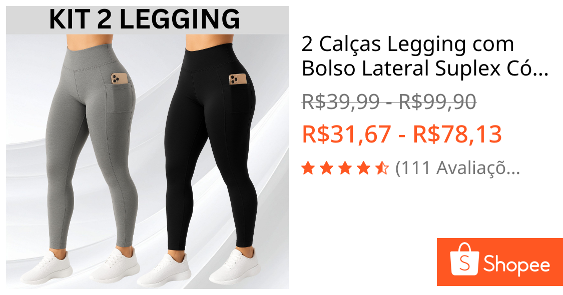 2 Calças Legging com Bolso Lateral Suplex Cós Alto Largo Academia Crossfit Verão Fitness
